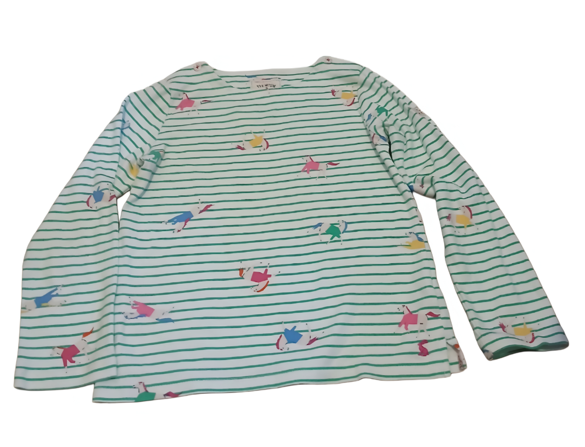 Girls White and Green Striped Long Sleeve Shirt with Colorful Horses. Size 9 Year. 100% Cotton