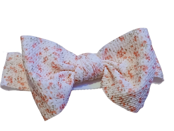 Strechy, White Bow, Headband with Pink Flowers. 14"
