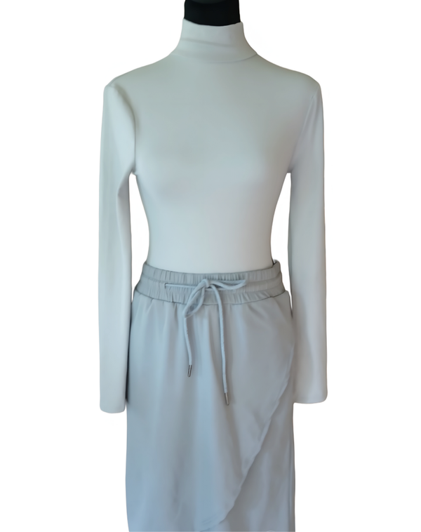 Grey, Long Sleeve, Mock Neck Body Suit. 90% Polyester/10% Spandex