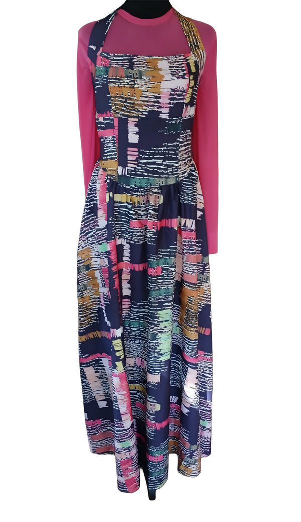 Boho Printed Dress/Jumper. Halter Top Design. Defined Lowered Waist in Front. Back Zipper. Size Large. Length From Top of Bodice 54". 100% Polyester