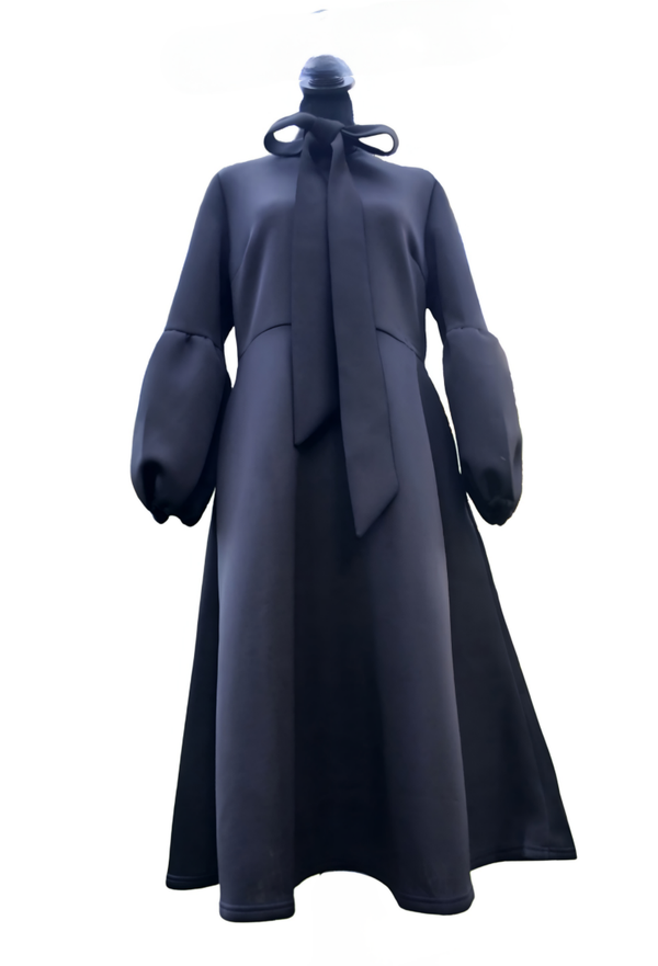 Black, Bow Tie Neck with Lantern Sleeve A-line Dress. Length 45". 95% Polyester/Elastine XL