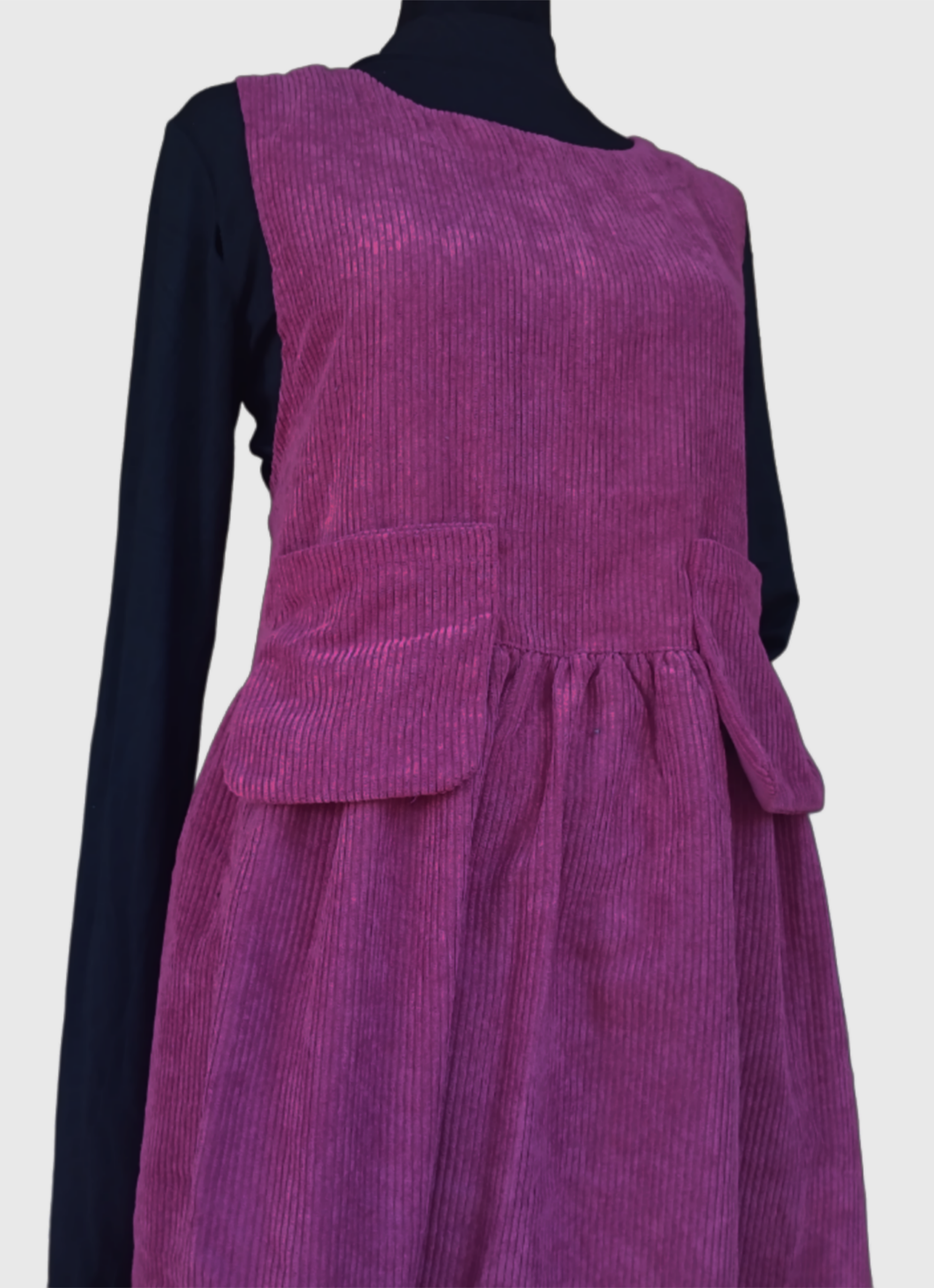 "Corduroy" Sleeveless Midi-Dress. Color- Magenta. Front Pockets. 100% Polyester