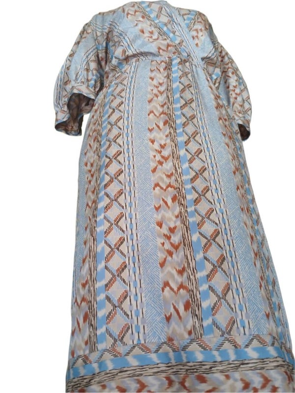 Lightweight Tan and Blue Dress with Multi-colored Designs.  Large/XL. Length 46".