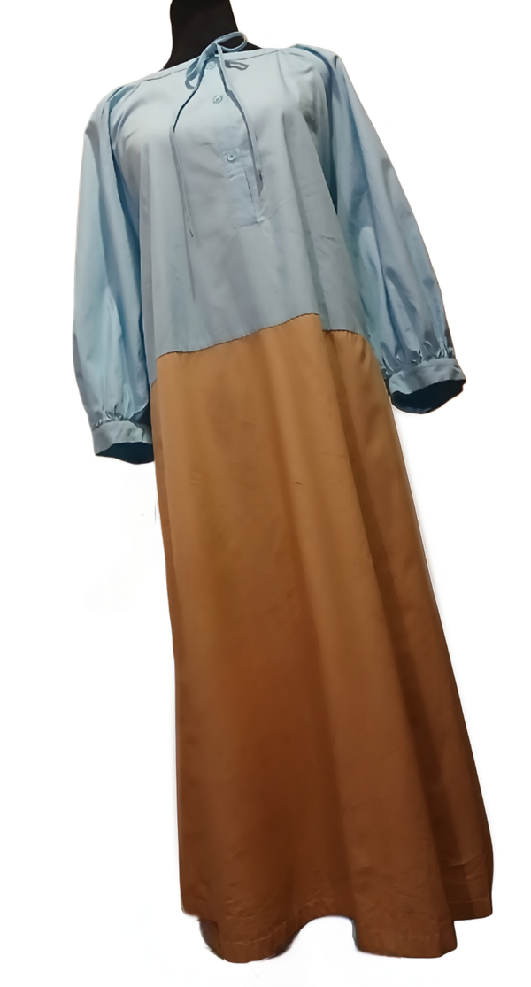 Two Tone Blue and Tan Dress. Button up Front. Tie at Neck. Length 47.5 ". Size L/XL 100% Cotton