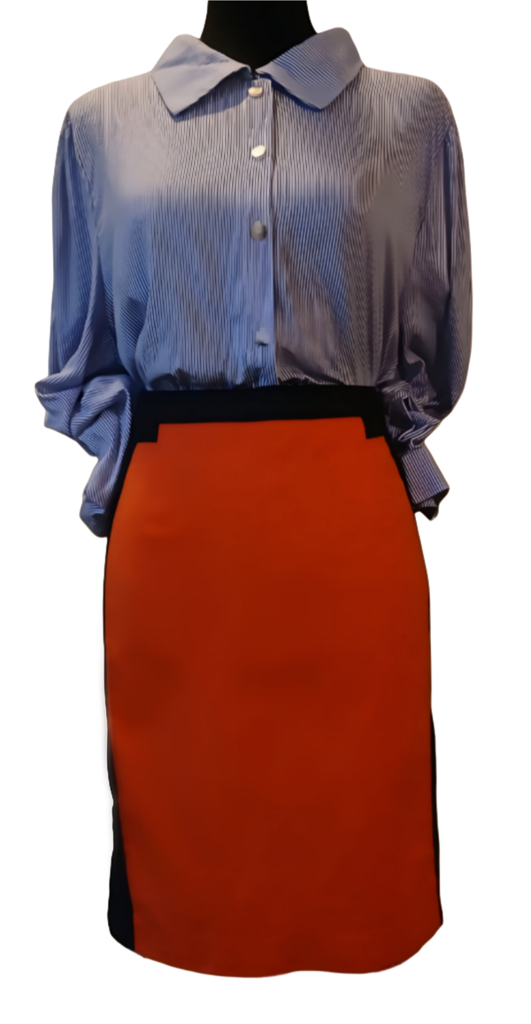 Navy Blue and Orange Pencil Skirt. Size Zippers. Size 10. Shell 97% Cotton/3% Spandex. Linen 100% Polyester.