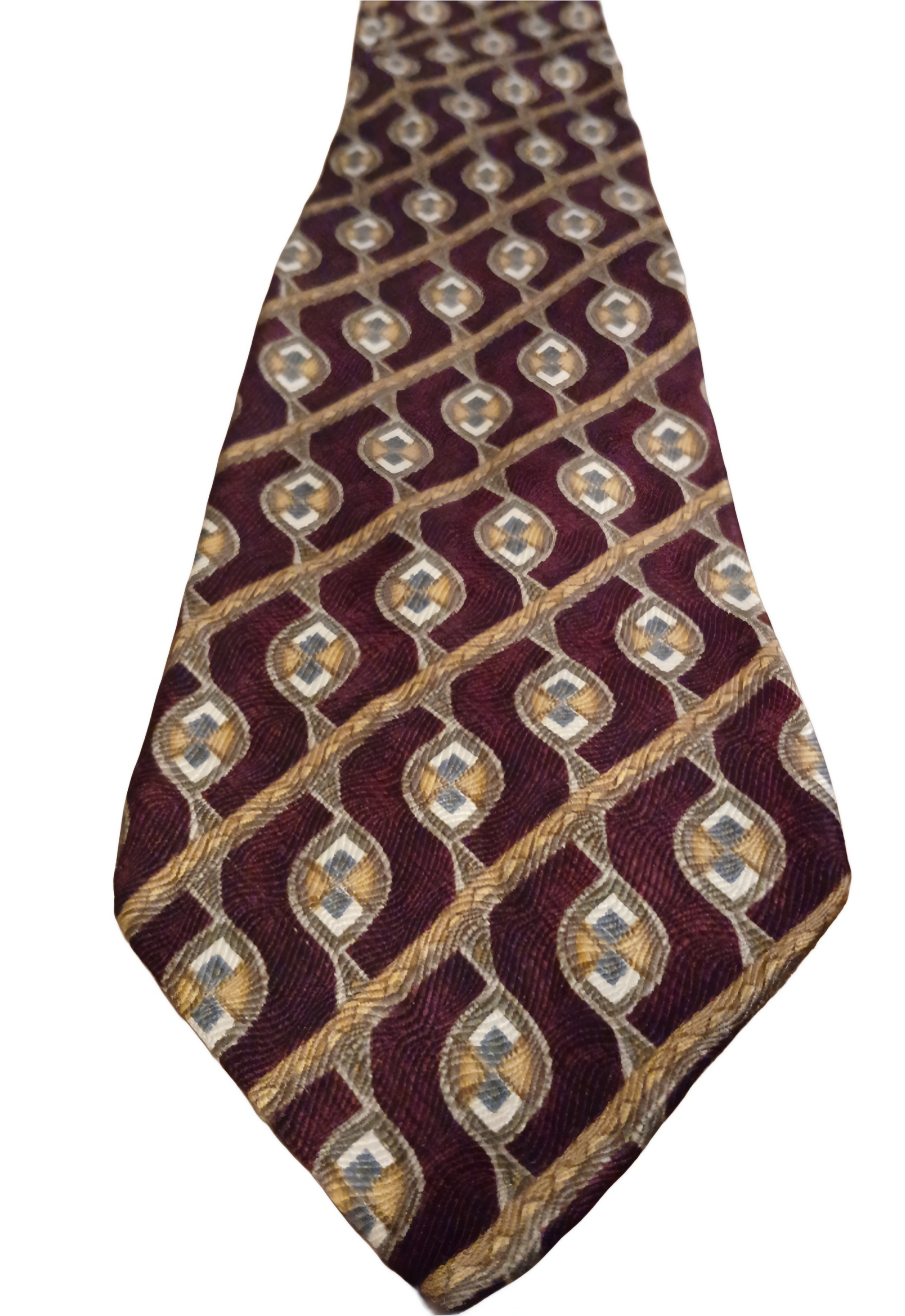 Vintage Tie (GEOFFREY BEENE) Maroon, Tan/Gold, Green, Blue and Beige. 100% Silk.