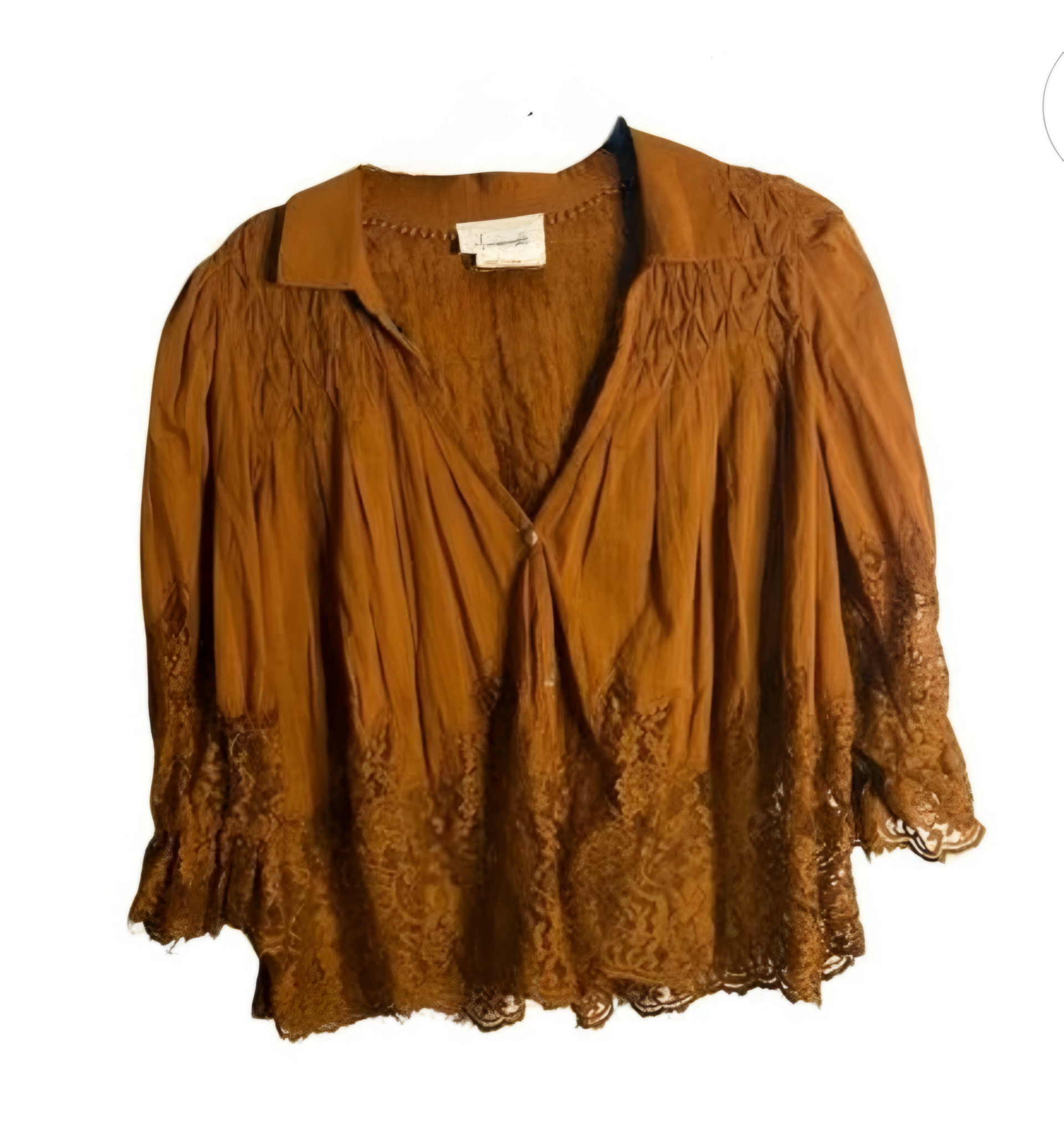 Tumeric Colored, Lace Blouse. Ruffle Sleeve.Small. Oversized. Body 100% Cotton. Lace 100% Nylon.