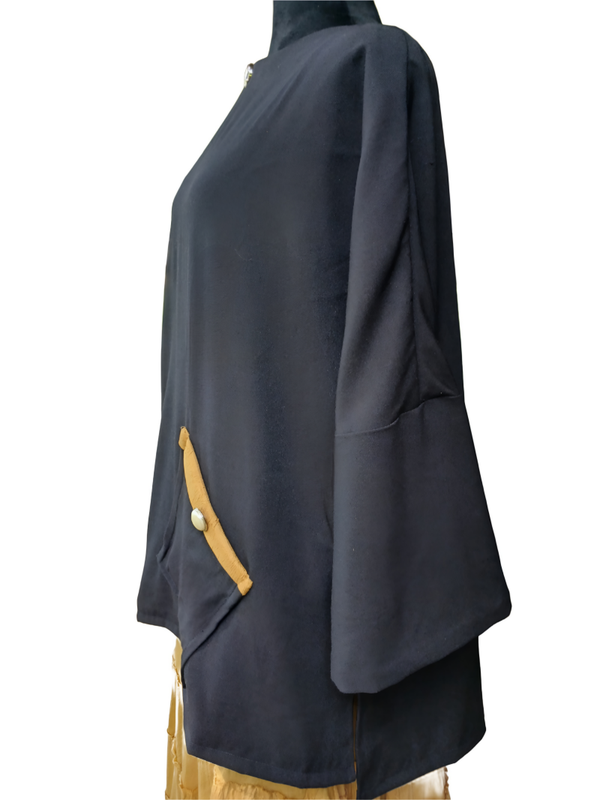 One of a Kind. Handmade. 2 Piece Jumper and Top with Latern Sleeves with One Sideway Pocket. Gold Bottom Silver/Pearl Buttons. Short/Long Hem on Top. Size Large/Xl. Loose Fit. Length of Jumper 53.5". Length on Top, Front Length 27"/ Back Length 30".