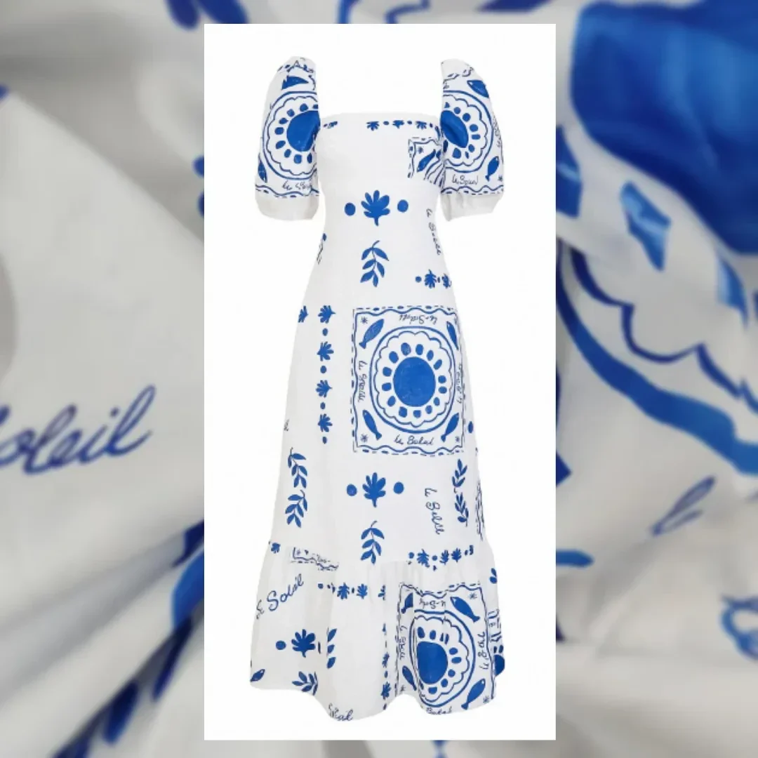 Blue and White Unique Print Dress. Square Neck. Bubble Sleeve. Zip Up Back. 100% Polyester.