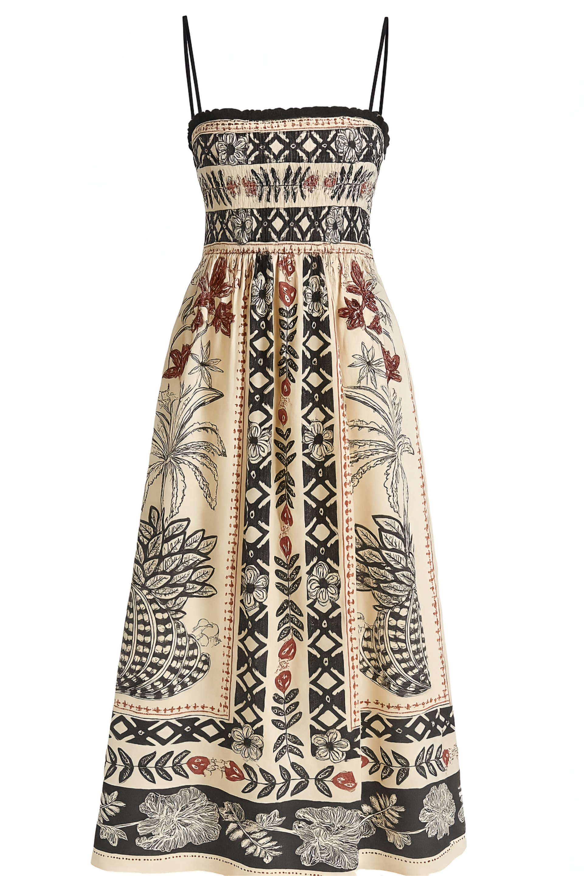 Boho, Color Block, Tropical Print Design, Smocked, Slip Dress. Black, Cream, Wine, Mauve and Clay. 100% Polyester