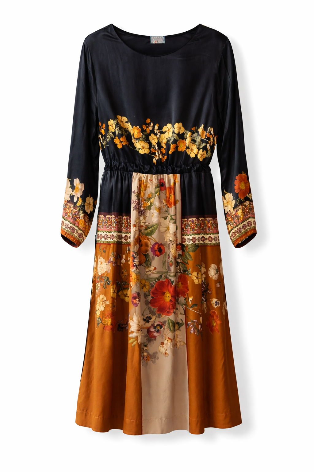 Black Dress with Flowers."Johnny Was"  Cinch Ties at Waist. Size Large. Length 40"