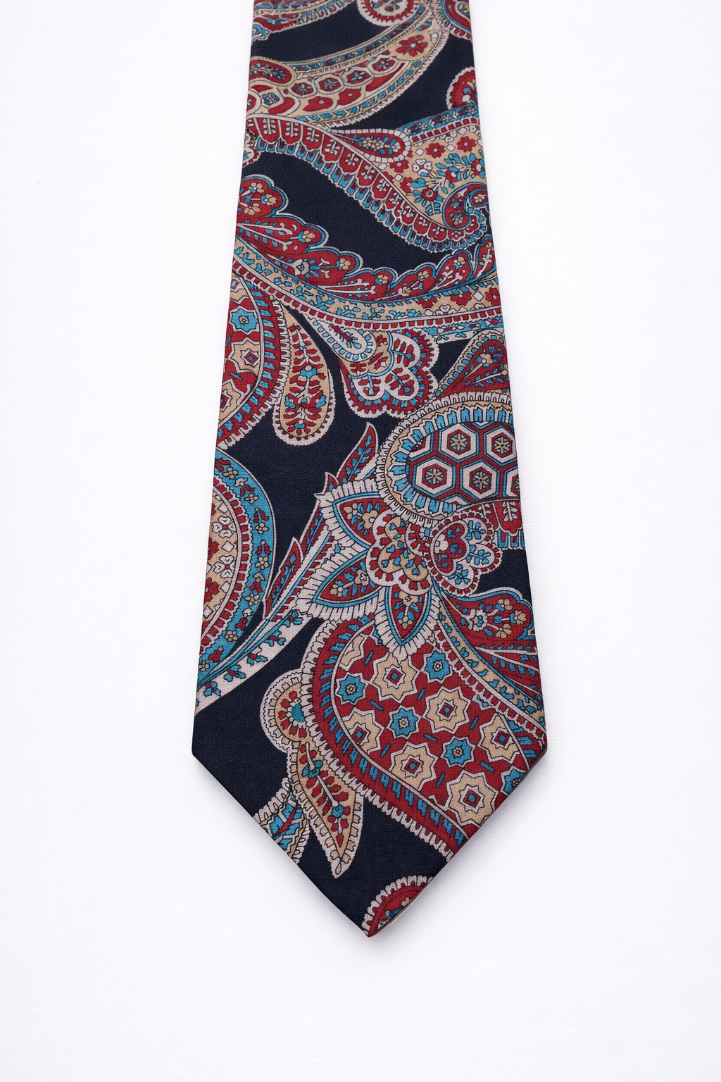 VINTAGE Paisley Necktie Rich Burgundy, Teal, and Cream Paisley with Navy Background