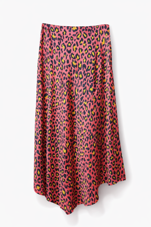 Pink, Black and Green Leopard Midi Skirt. A-line Fit, Asymmetrical High-Low Hem. Size Small. Length Long 36" Short 29"
