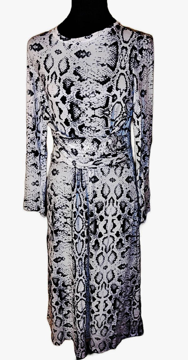 White Python Print Dress with Wrap Waist Design. Lightweight And Stretchy. Small Length 44"/ Medium Length 44'/ Large Length 47". 95% Polyester/5% Spandex.