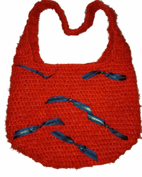 One Of A Kind Red Fuzzy Crochet Purse With Black And Gold Bows. Strap 12", Width 13", Depth 12".