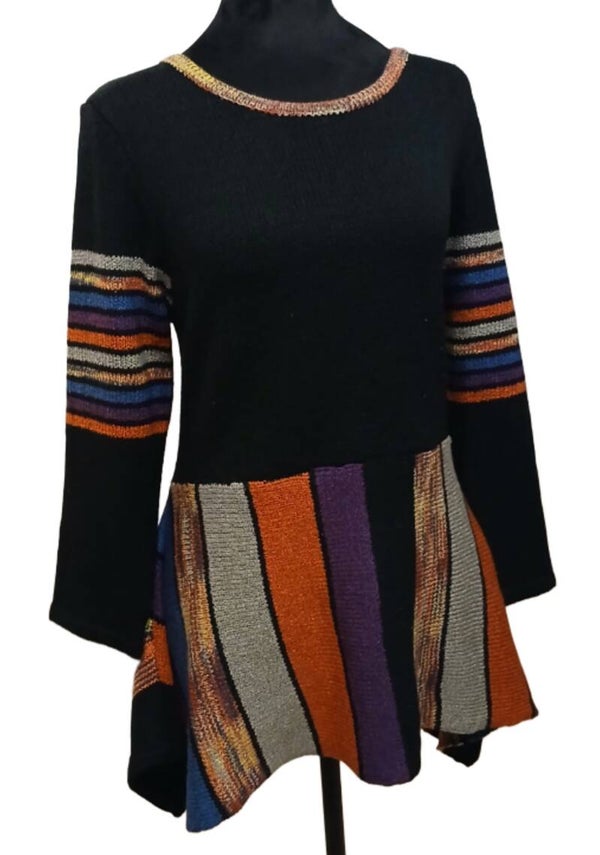 Black Multi-colored Sweater long fit tunic top shark bite asymmetrical. Size Small. 100% Acrylic