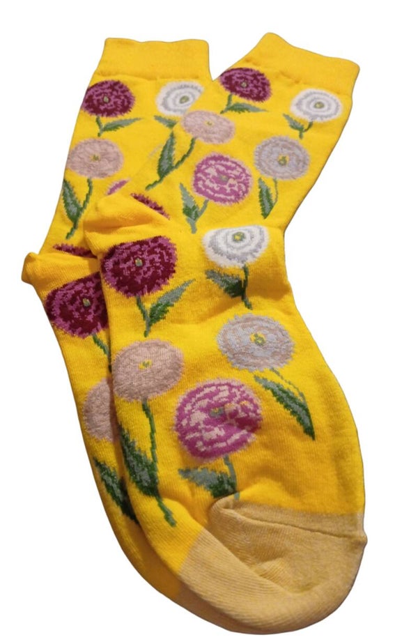 Casual/Dressy Socks. Yellow with Dark Purple, Light Purple, Pink and Whitw Flowers. 100% Cotton