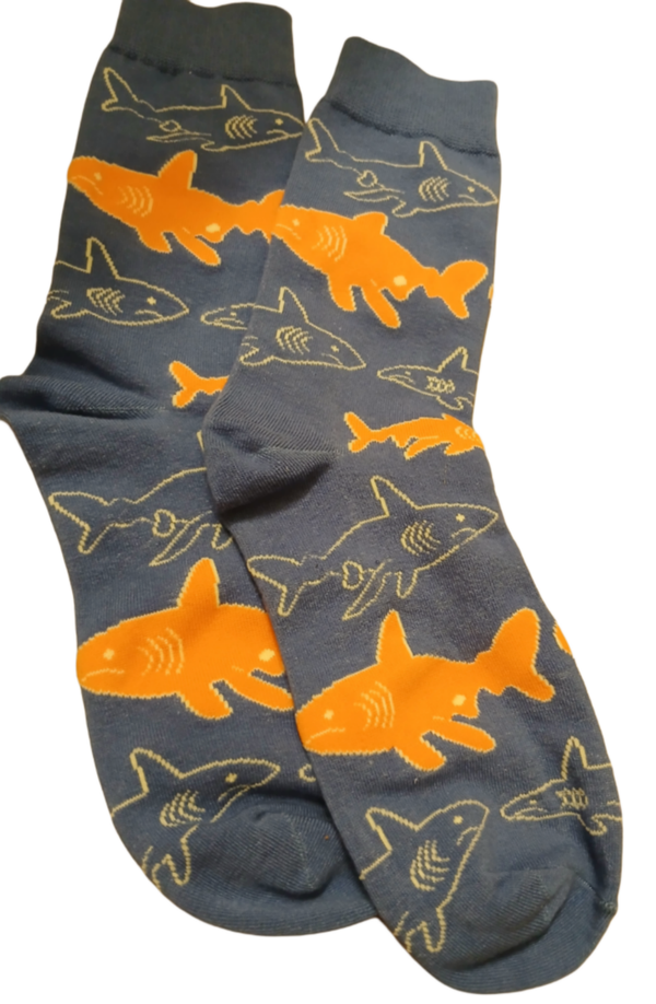 Casual/Dressy Socks. Light Blue with Orange Sharks. 100% Cotton