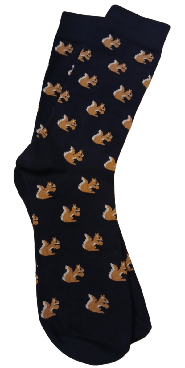 Casual/Dressy Socks. Dark Blue with Squirrel Image. 100% Cotton