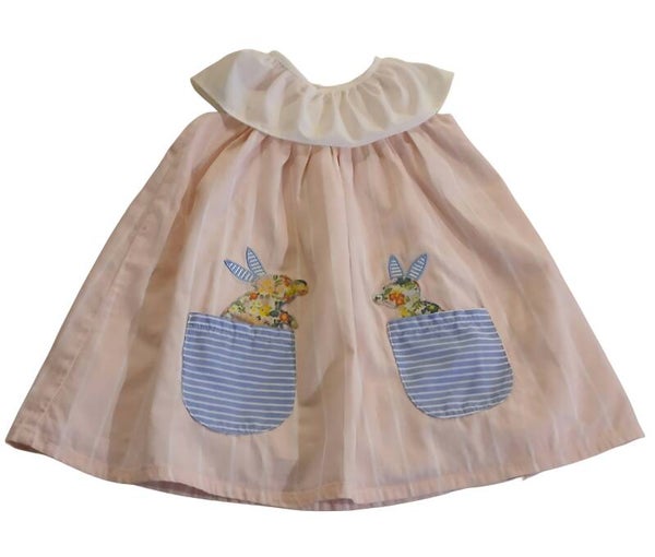 Pink and White Striped Dress. Blue Bunny Pockets. White Collar, Button Up Back. White Lining.  Size 18/24 mo. 100% Cotton