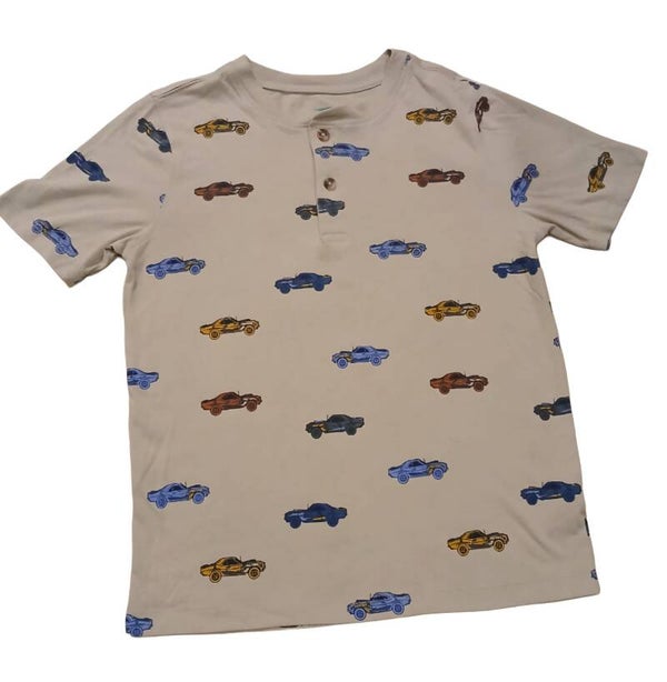 Boy's T-Shirt 2 Button Front. Tan with Cars. Size 8. 60% Cotton. 40% Polyester