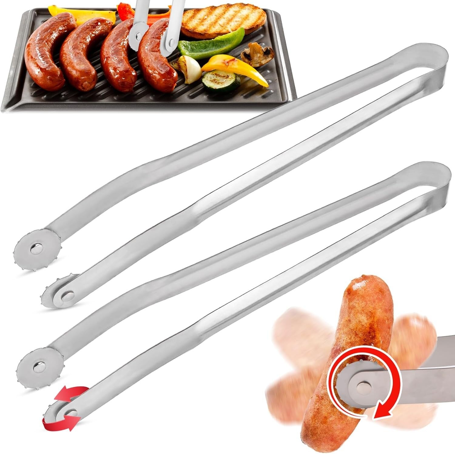 Pipihome BBQ Sausage Turning Tongs, 2Pcs BBQ Cooking Tongs Tools, Stainless Steel Hot Dog Turning Tongs Long Handle, Tongs Kitchen Tools, Barbecue Accessories