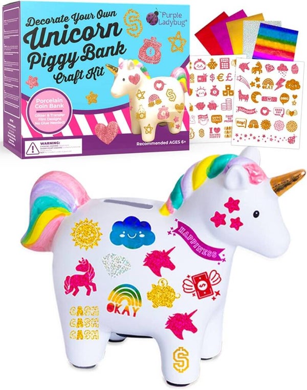 PURPLE LADYBUG Unicorn Piggy Bank for Girls - Unicorns Gifts for Girls Age 6 7 8 9 & Girl Crafts for Kids Ages 6-8 - Decorate Your Own Coin Bank for Kids with Easy to Apply Foil Transfers & Glitters