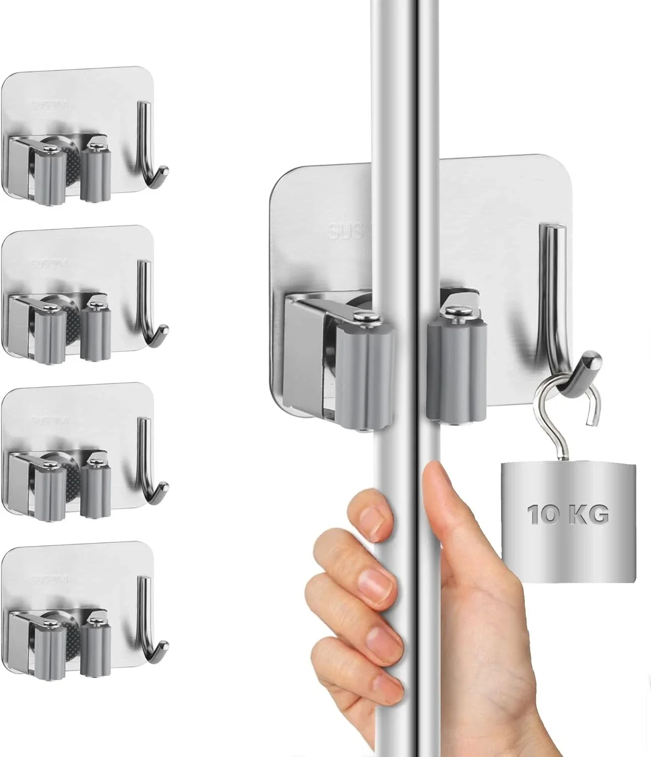 4 x Mop Broom Holder Self Adhesive Mop Grip Holders Wall Mounted Hanger Utility