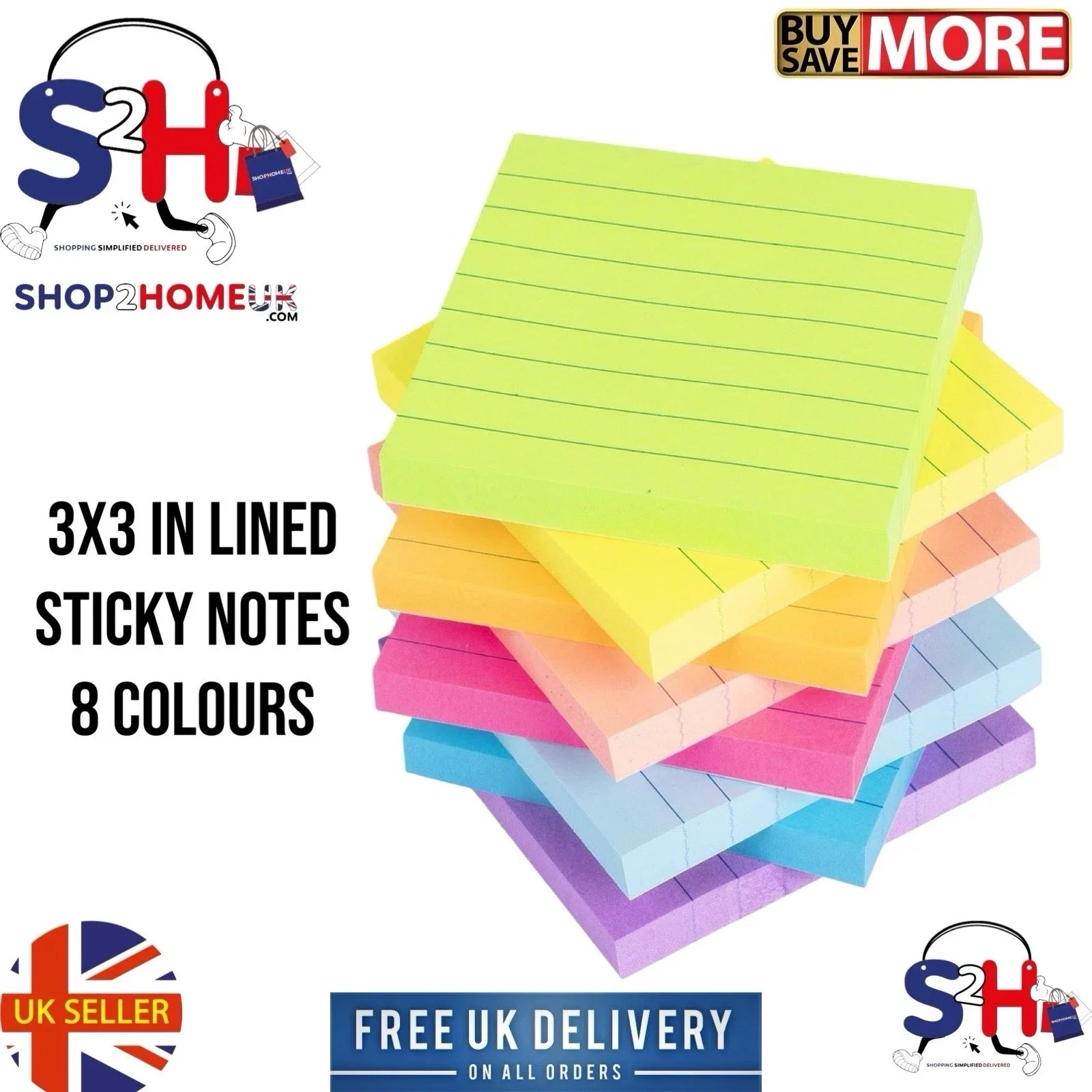 Share Sticky Notes 3x3” Lined Neon Memo Pads – Pack of 8 – Office, School, Removable