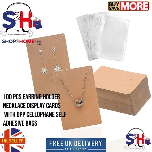100 Jewellery Display Cards With Self Adhesive Bags For Earrings Gift Display
