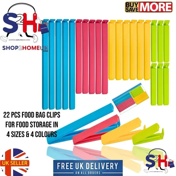 22 Food Bag Storage Clips Reusable Pegs Multicolour Freezer Fridge Sealing Clips