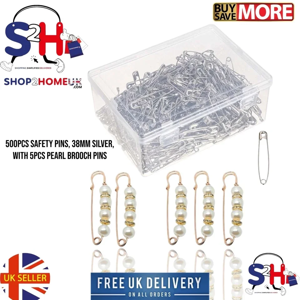 500pcs Stainless Steel Safety Pins 38mm Silver With 5 Brooch Clothing Pin Craft