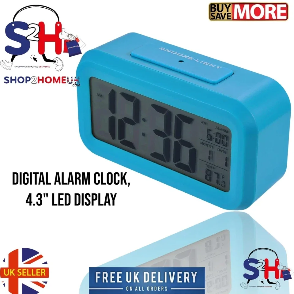 Digital Alarm Clock, 4.3" LED Display with Temperature Battery Bedside Light Blue