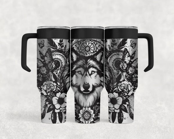 40OZ laser engraved Floral wolf stainless steel tumbler custom