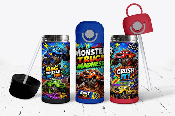 12oz Monster truck madness tumbler for kids personalized