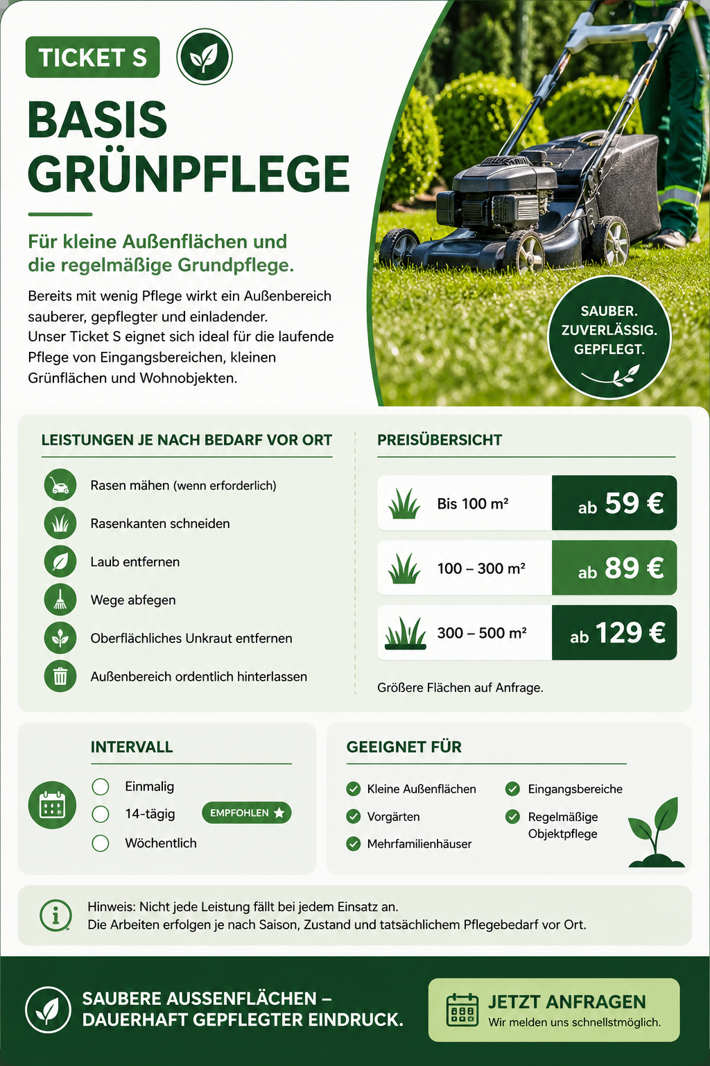 🌱 Ticket S – Basis Pflege bis 100m2 ab 59 Euro