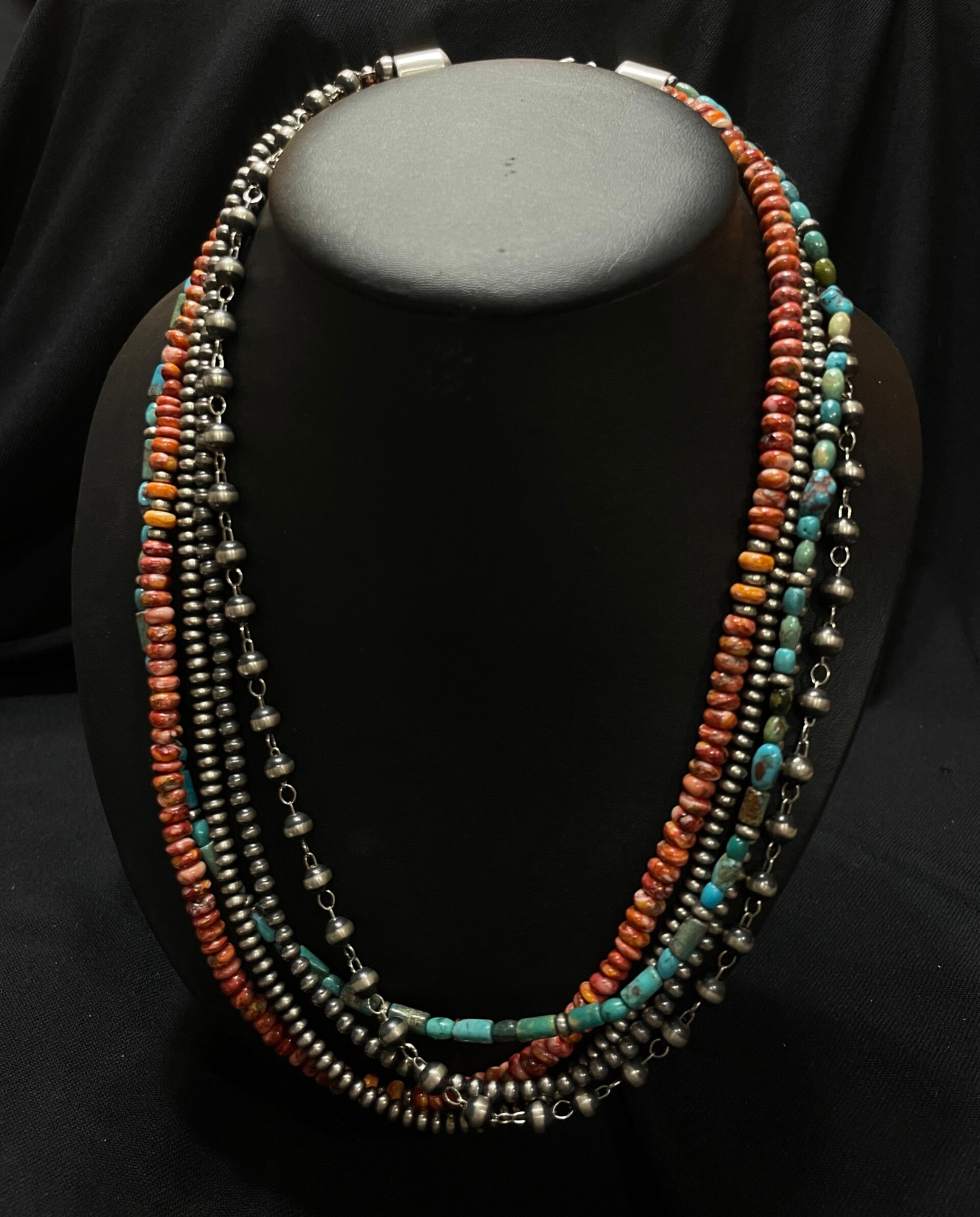 Navajo Pearl Multi 5 Stands mixed w/turquoise and spiny oyster 22"