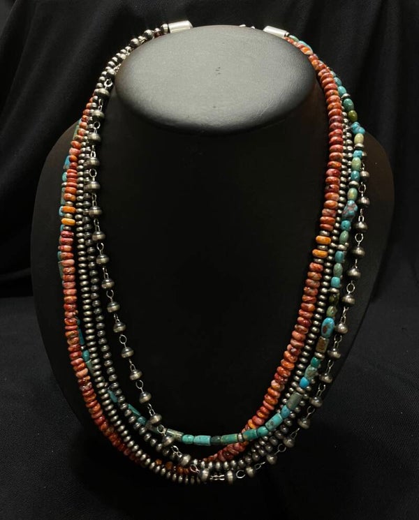 Navajo Pearl Multi 5 Stands mixed w/turquoise and spiny oyster 22"