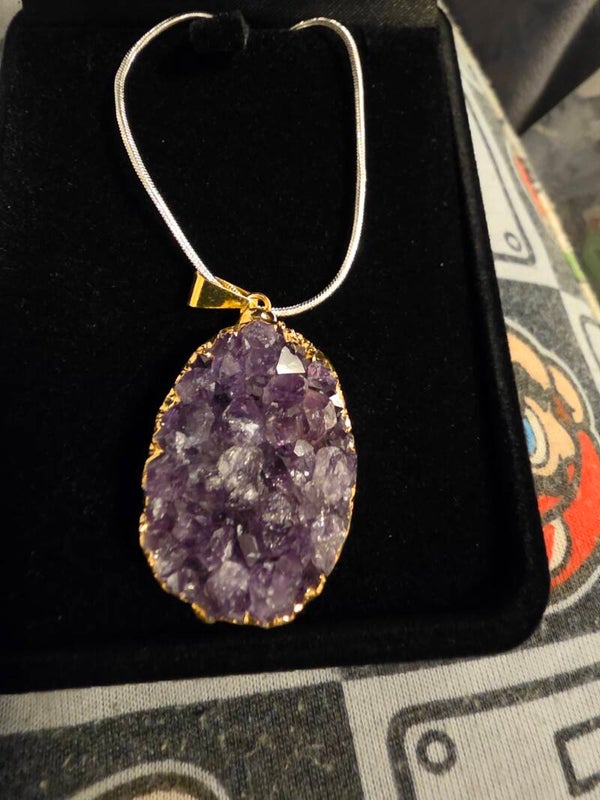 Purple Amethyst rough quartz pendant on fine Stirling silver chain