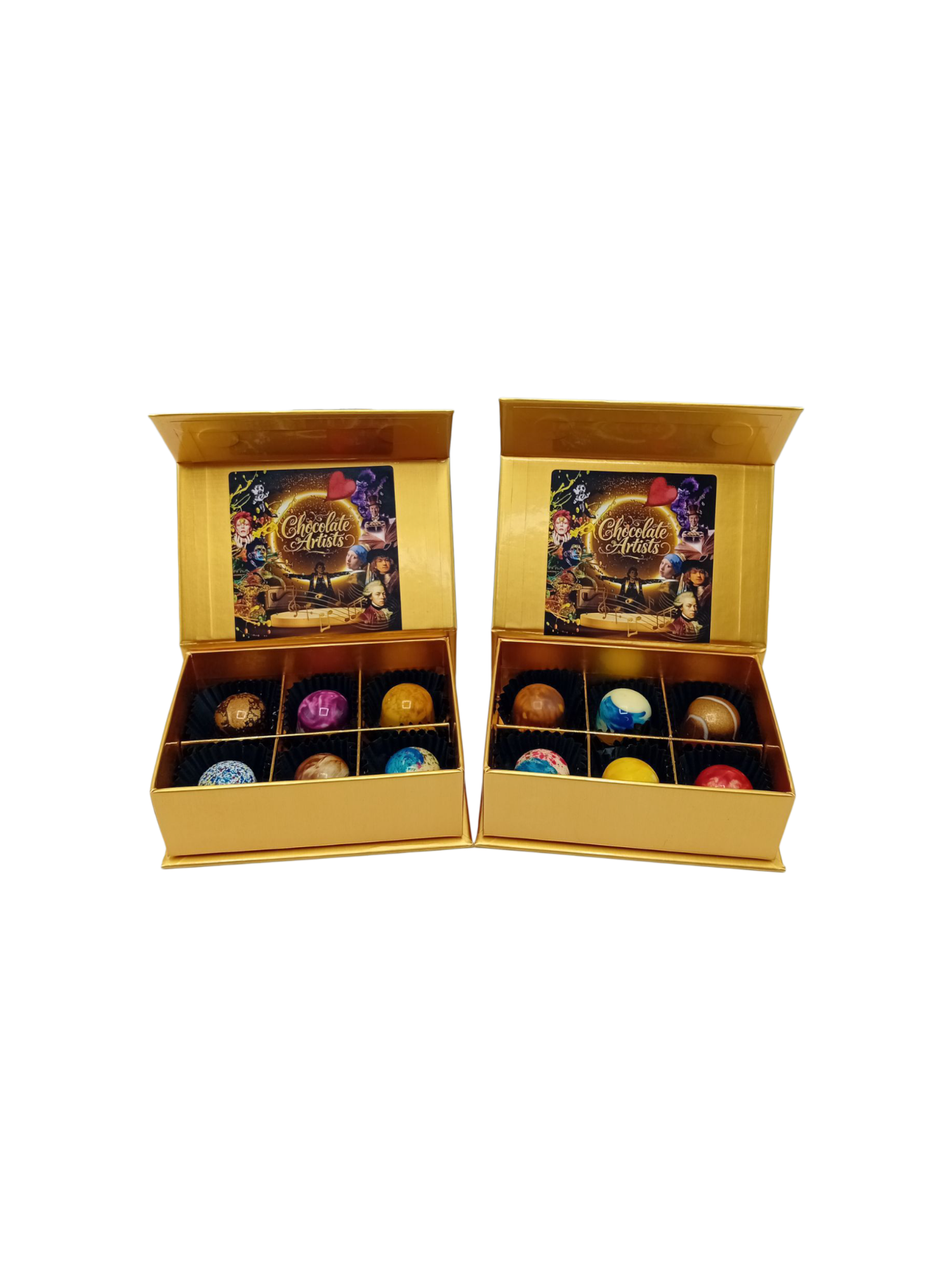 2x6 Exclusieve Handgemaakte Chocolade Bonbons - 2 kleine doosjes Kunstwerkjes