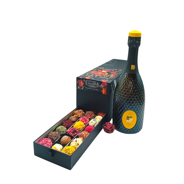 Ladebox met Chocolade Truffels en Fles Bepin