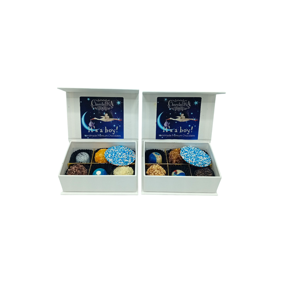 Luxe handgemaakte chocolade bonbons geboorte cadeau doos-It's a boy 2x6- mini
