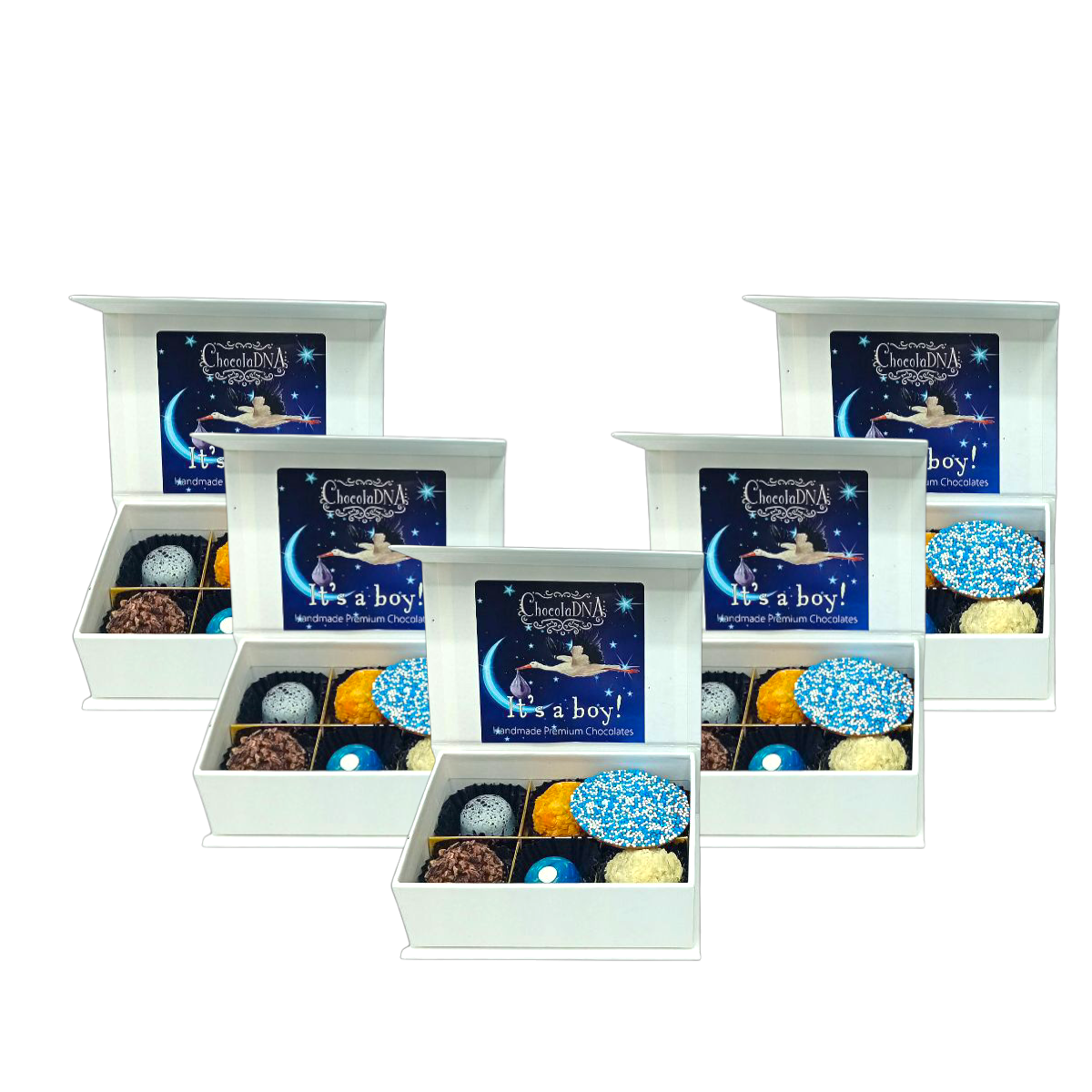Luxe handgemaakte chocolade bonbons geboorte cadeau doos-It's a boy 5x6- mini