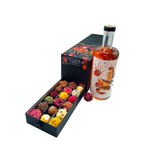 Ladebox met truffels + fles Drunken Fish marsepein-chocolade
