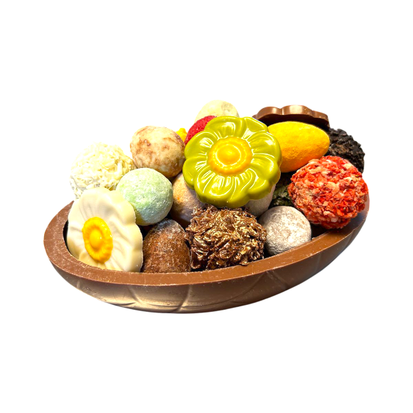 Kunstzinnig Chocolade-ei (Melk) met assortiment truffels & paaseitjes