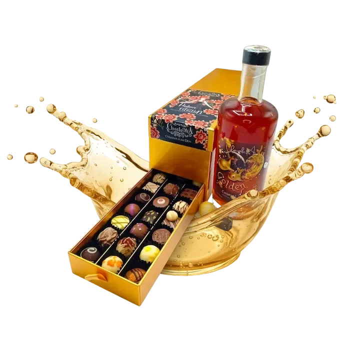 Ladebox met truffels + fles Drunken Fish marsepein-chocolade