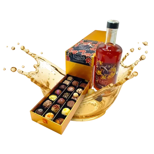 💛Luxe Ladebox met Chocolade Pralines en een Fles Golden Love Likeur