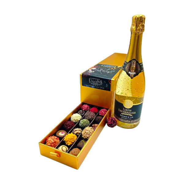 Ladebox met Chocolade Truffels/Bonbons en Fles Prosecco Louis Eschenauer