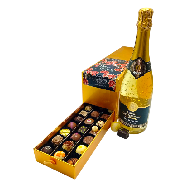 Ladebox met Chocolade Pralines en Fles Prosecco Louis Eschenauer