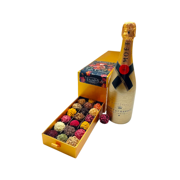 Ladebox met Chocolade Truffels en Fles Moët Champangne